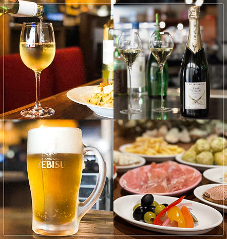 エビス樽生、ワイン、檸檬サワー
